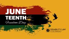 image: headline expressing "Juneteenth - Freedom Day" on three lines painted in red, black green with doves ascending on a yellow background 